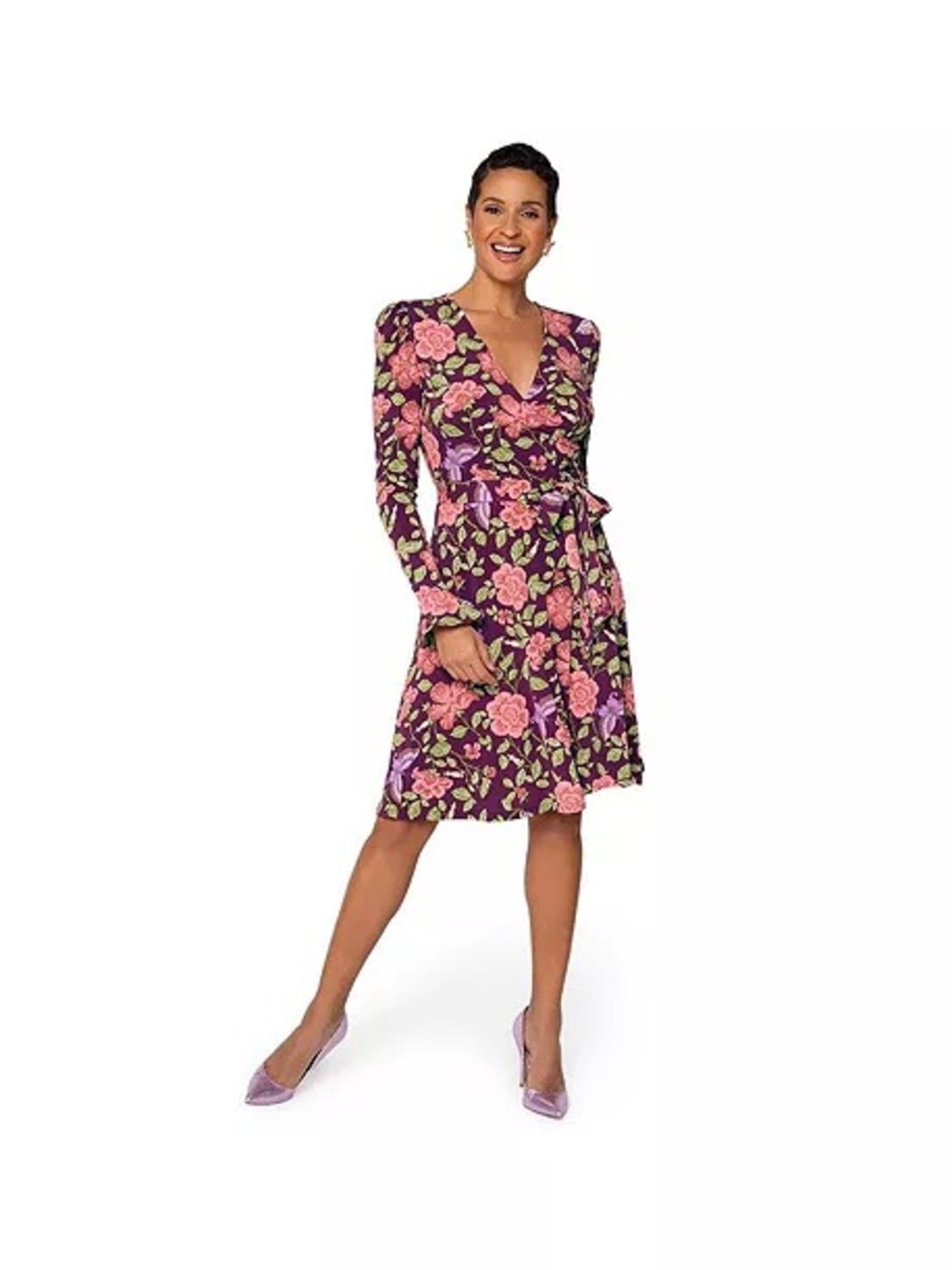 Leota Plum Floral Wrap Dress with Pink & Lavender Blooms and Butterflies